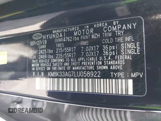 2020 Hyundai Kona Limited with VIN KM8K33AG7LU058922, listed as a IAAI auction lot 42173849 with 53,914 mi miles and . Bid and sale history available at DreamBid. Image 9.