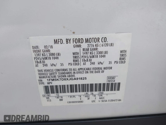 2018 Ford Explorer XLT z VIN 1FM5K7D8XJGA91825, wystawiony jako IAAI lot #42387991 z przebiegiem Nie podano mil oraz . Historia ofert i sprzedaży dostępna na DreamBid. Obrazek 9.