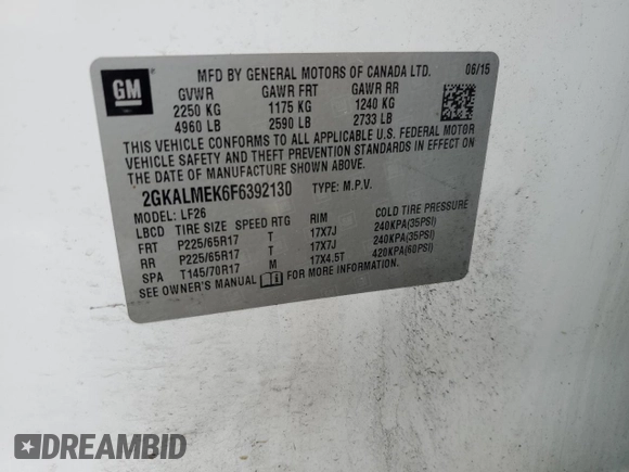 2015 GMC Terrain SLE z VIN 2GKALMEK6F6392130, wystawiony jako Copart lot #80690794 z przebiegiem Nie podano mil oraz Szkoda całkowita • Salvage title. Historia ofert i sprzedaży dostępna na DreamBid. Obrazek 15.