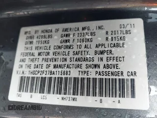 2011 Honda Accord LX with VIN 1HGCP2F37BA115683, listed as a IAAI auction lot 42475165 with 95,911 mi miles and . Bid and sale history available at DreamBid. Image 9.