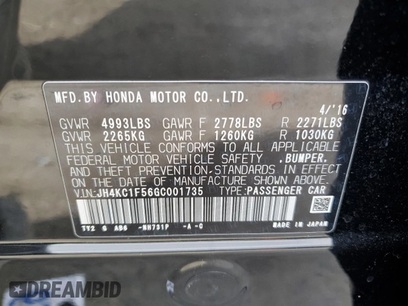 2016 Acura RLX Tech Pkg with VIN JH4KC1F56GC001735, listed as a Copart auction lot 80839074 with 100,452 mi miles and Salvage Title. Bid and sale history available at carsss.com. Image 12.