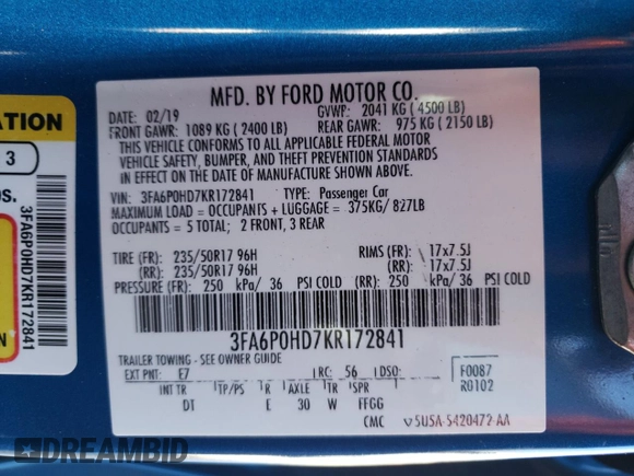 2019 Ford Fusion SE with VIN 3FA6P0HD7KR172841, listed as a Copart auction lot 49632224 with 53,338 mi miles and Salvage Title. Bid and sale history available at DreamBid. Image 12.