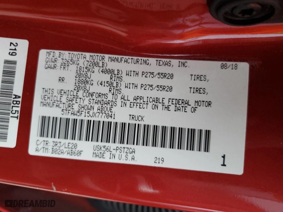 2018 Toyota Tundra 4WD SR5 with VIN 5TFAW5F15JX777041, listed as a Copart auction lot 79855984 with 120,819 mi miles and Salvage Title. Bid and sale history available at carsss.com. Image 14.