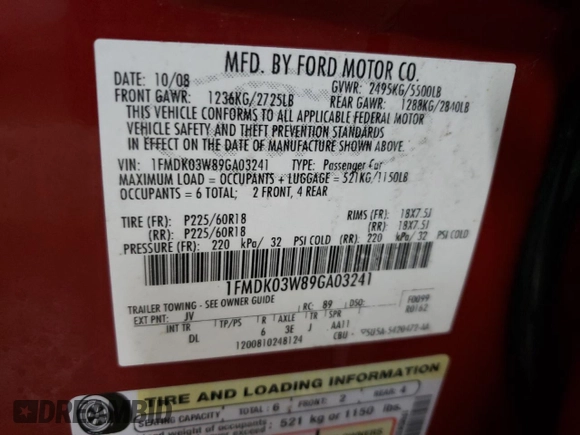 2009 Ford Taurus X Limited with VIN 1FMDK03W89GA03241, listed as a Copart auction lot 49675885 with 101,514 mi miles and Clean title. Bid and sale history available at DreamBid. Image 13.