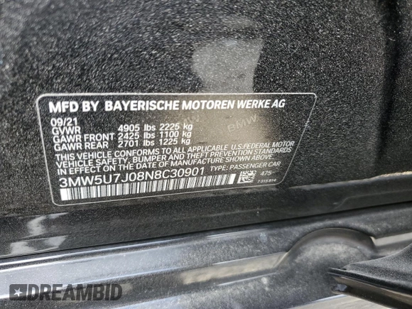 2022 BMW 3 Series M340i with VIN 3MW5U7J08N8C30901, listed as a Copart auction lot 47535755 with 35,338 mi miles and Salvage Title. Bid and sale history available at carsss.com. Image 12.