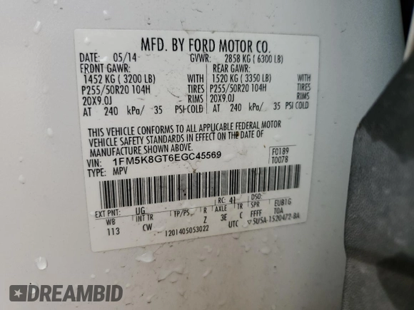 2014 Ford Explorer Sport with VIN 1FM5K8GT6EGC45569, listed as a Copart auction lot 59731185 with 98,838 mi miles and Salvage title. Bid and sale history available at DreamBid. Image 13.