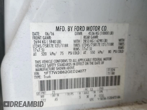 2016 Ford F-350 Platinum z VIN 1FT7W3B62GED24077, wystawiony jako Copart lot #82632504 z przebiegiem 102 820 mil mil oraz Szkoda całkowita • Salvage title. Historia ofert i sprzedaży dostępna na DreamBid. Obrazek 14.