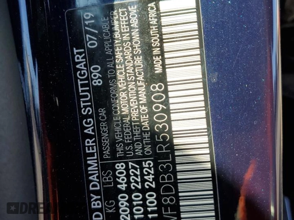2020 Mercedes-Benz C 300 with VIN WDDWF8DB3LR530908, listed as a Copart auction lot 58015975 with 60,818 mi miles and Salvage title. Bid and sale history available at DreamBid. Image 12.