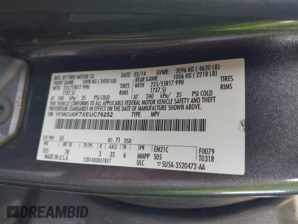 2014 Ford Escape S с VIN 1FMCU0F7XEUC76252, выставлен на аукционе IAAI как лот 42442744 с пробегом 282 329 миль миль и . История ставок и продаж доступна на DreamBid. Изображение 9.