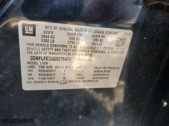 2016 Chevrolet Equinox LT with VIN 2GNFLFE33G6275474, listed as a Copart auction lot 87356064 with 161,039 mi miles and Salvage Title. Bid and sale history available at carsss.com. Image 13.