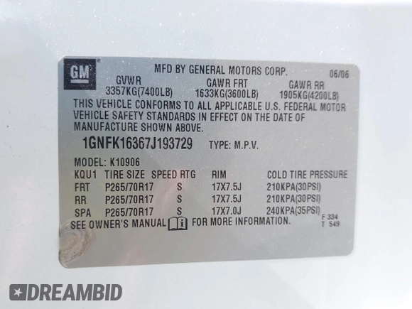 2007 Chevrolet Suburban LTZ with VIN 1GNFK16367J193729, listed as a IAAI auction lot 42621298 with 262,721 mi miles and . Bid and sale history available at DreamBid. Image 9.