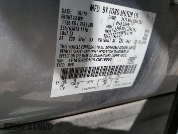 2020 Ford Explorer XLT with VIN 1FMSK8DH0LGB16050, listed as a Copart auction lot 52602235 with 120,680 mi miles and Clean Title. Bid and sale history available at DreamBid. Image 14.