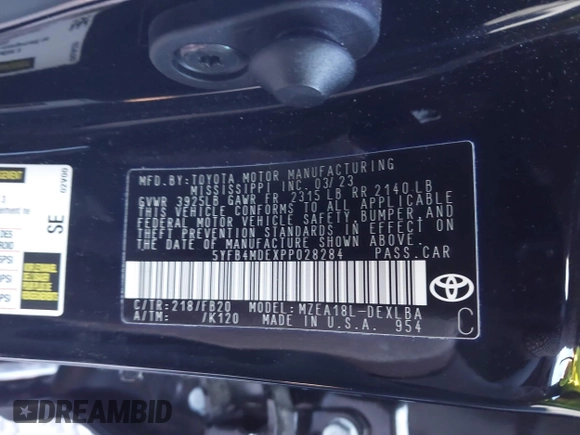 2023 Toyota Corolla LE z VIN 5YFB4MDEXPP028284, wystawiony jako IAAI lot #41332462 z przebiegiem 19 565 mil mil oraz . Historia ofert i sprzedaży dostępna na DreamBid. Obrazek 9.