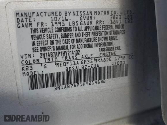 2017 Nissan Sentra S with VIN 3N1AB7AP1HY214132, listed as a Copart auction lot 62273785 with 69,509 mi miles and Salvage title. Bid and sale history available at DreamBid. Image 12.