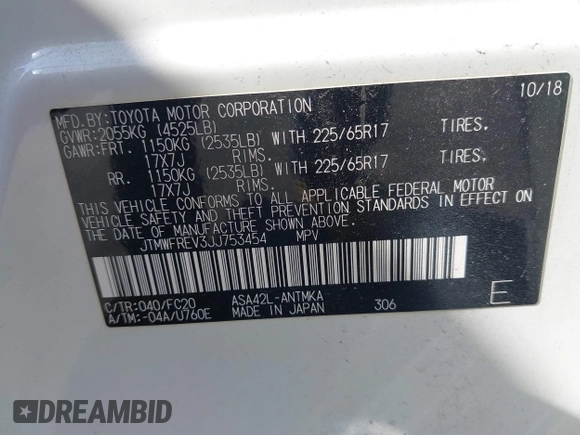 2018 Toyota RAV4 XLE with VIN JTMWFREV3JJ753454, listed as a IAAI auction lot 41775159 with 75,078 mi miles. Bid and sale history available at carsss.com. Image 9.