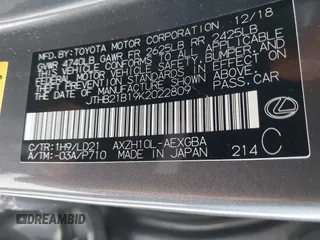 2019 Lexus ES 300h with VIN JTHB21B19K2022809, listed as a IAAI auction lot 42484103 with 62,596 mi miles and . Bid and sale history available at DreamBid. Image 9.