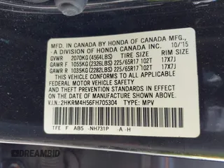 2015 Honda CR-V EX with VIN 2HKRM4H56FH705304, listed as a IAAI auction lot 42172784 with 45,261 mi miles and . Bid and sale history available at DreamBid. Image 9.