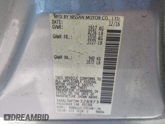 2017 Nissan Altima S with VIN 1N4AL3AP7HN326973, listed as a IAAI auction lot 41873195 with 200,187 mi miles and . Bid and sale history available at DreamBid. Image 9.