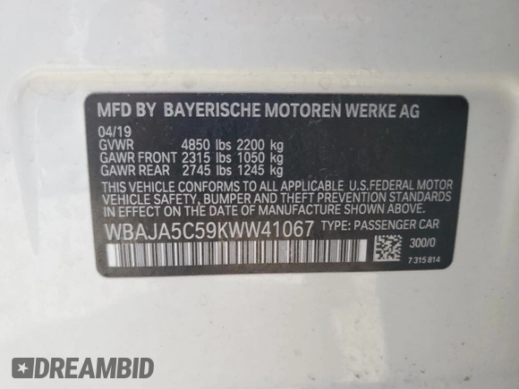 2019 BMW 5 Series 530i z VIN WBAJA5C59KWW41067, wystawiony jako Copart lot #54488765 z przebiegiem 59 578 mil mil oraz Szkoda całkowita • Salvage title. Historia ofert i sprzedaży dostępna na DreamBid. Obrazek 13.