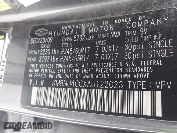 2010 Hyundai Veracruz Limited with VIN KM8NU4CCXAU122023, listed as a IAAI auction lot 42299266 with 147,264 mi miles and . Bid and sale history available at DreamBid. Image 9.