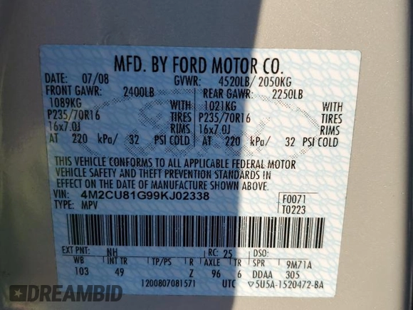 2009 Mercury Mariner with VIN 4M2CU81G99KJ02338, listed as a Copart auction lot 88337675 with 82,115 mi miles and Salvage title. Bid and sale history available at DreamBid. Image 13.
