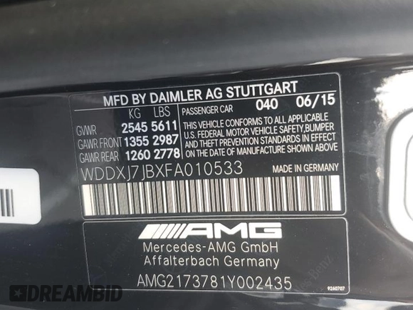 2015 Mercedes-Benz S-Class S 63 AMG with VIN WDDXJ7JBXFA010533, listed as a Copart auction lot 37730334 with 0 mi miles and Non Repairable. Bid and sale history available at carsss.com. Image 13.