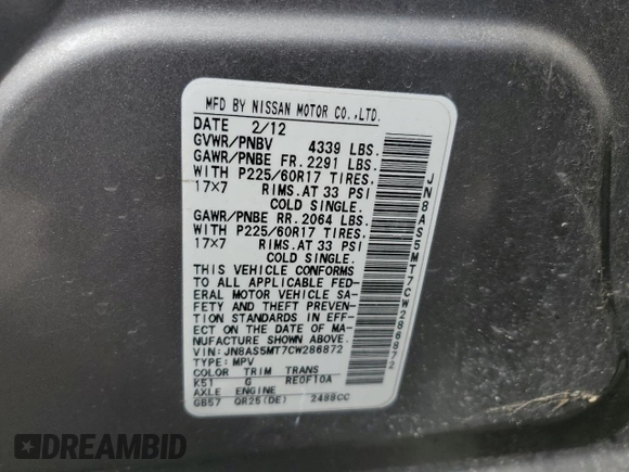 2012 Nissan Rogue S with VIN JN8AS5MT7CW286872, listed as a Copart auction lot 47733975 with 198,168 mi miles and Salvage Title. Bid and sale history available at DreamBid. Image 13.