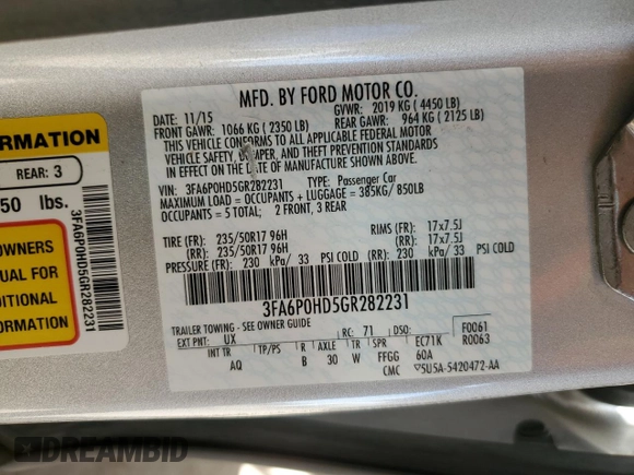 2016 Ford Fusion SE with VIN 3FA6P0HD5GR282231, listed as a Copart auction lot 50359585 with 119,247 mi miles and Salvage Title. Bid and sale history available at carsss.com. Image 12.