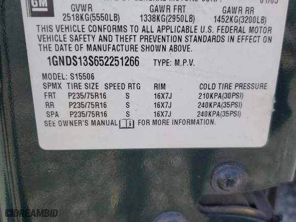 2005 Chevrolet TrailBlazer LS with VIN 1GNDS13S652251266, listed as a Copart auction lot 48693695 with 249,071 mi miles and Salvage Title. Bid and sale history available at carsss.com. Image 14.