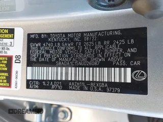 2022 Lexus ES 300h with VIN 58ADA1C15NU026087, listed as a IAAI auction lot 41765304 with 20,795 mi miles and . Bid and sale history available at DreamBid. Image 9.