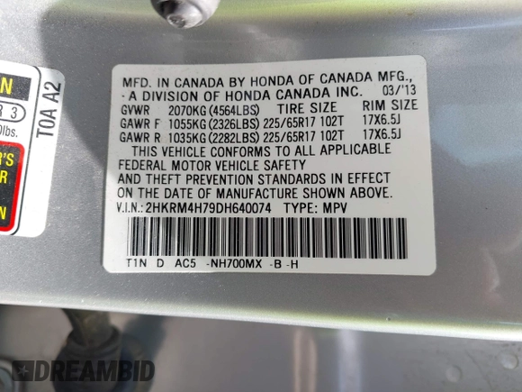 2013 Honda CR-V EX-L with VIN 2HKRM4H79DH640074, listed as a IAAI auction lot 42503002 with 86,309 mi miles and . Bid and sale history available at DreamBid. Image 9.