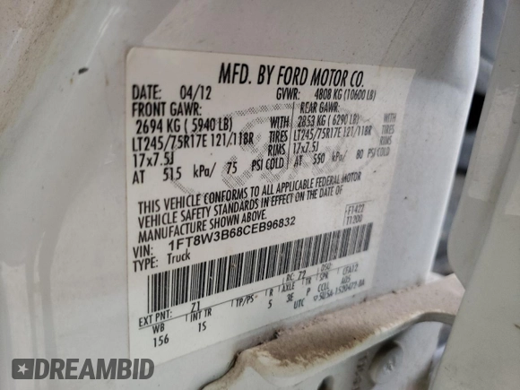 2012 Ford F-350 XL with VIN 1FT8W3B68CEB96832, listed as a Copart auction lot 55088205 with 210,375 mi miles and Salvage title. Bid and sale history available at DreamBid. Image 12.