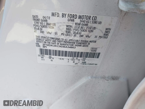 2013 Ford Edge Limited with VIN 2FMDK3KC9DBA34863, listed as a IAAI auction lot 42586010 with 161,171 mi miles and . Bid and sale history available at DreamBid. Image 9.