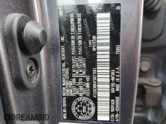 2015 Toyota Venza XLE with VIN 4T3ZK3BB4FU071062, listed as a Copart auction lot 44807585 with 135,488 mi miles and Salvage title. Bid and sale history available at DreamBid. Image 13.
