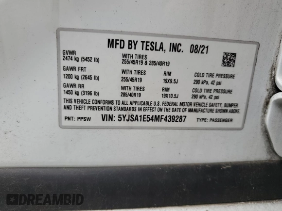 2021 Tesla Model S Long Range with VIN 5YJSA1E54MF439287, listed as a Copart auction lot 51729285 with Not provided miles and Salvage title. Bid and sale history available at DreamBid. Image 13.