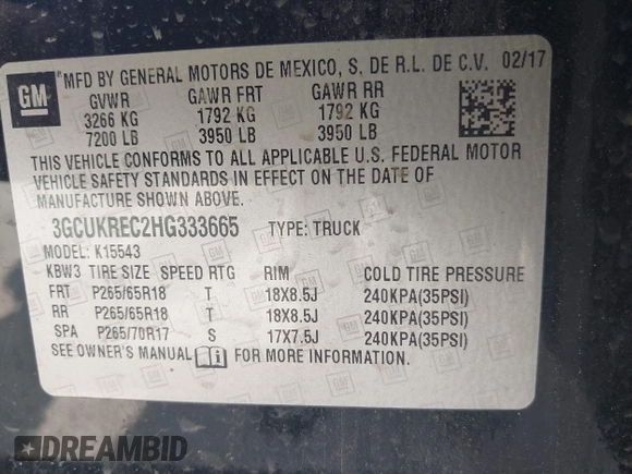 2017 Chevrolet Silverado 1500 LT with VIN 3GCUKREC2HG333665, listed as a IAAI auction lot 42238465 with 189,000 mi miles and . Bid and sale history available at DreamBid. Image 9.