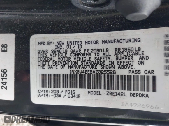2010 Toyota Corolla with VIN 1NXBU4EE8AZ325526, listed as a IAAI auction lot 42027713 with 122,524 mi miles. Bid and sale history available at carsss.com. Image 9.