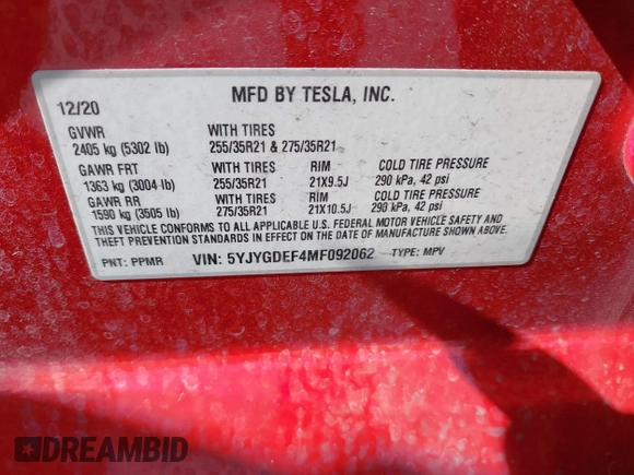 2021 Tesla Model Y Performance with VIN 5YJYGDEF4MF092062, listed as a IAAI auction lot 41583793 with 57,194 mi miles and . Bid and sale history available at DreamBid. Image 9.