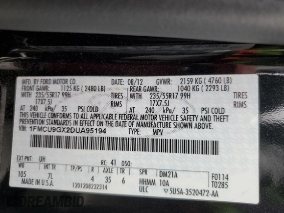 2013 Ford Escape SE с VIN 1FMCU9GX2DUA95194, выставлен на аукционе Copart как лот 60670365 с пробегом 171 425 миль миль и Чистый • Clean title. История ставок и продаж доступна на DreamBid. Изображение 13.