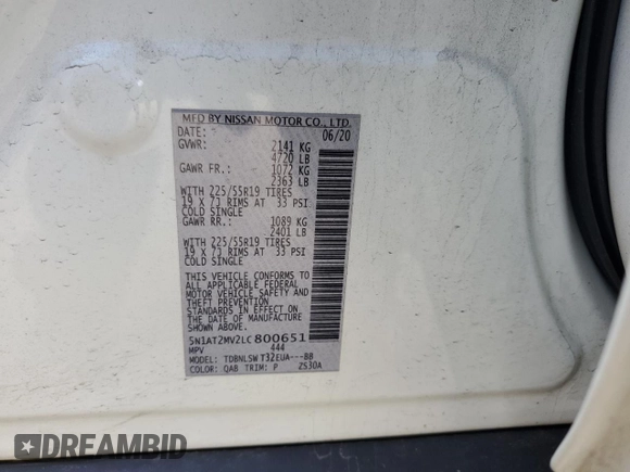 2020 Nissan Rogue SL z VIN 5N1AT2MV2LC800651, wystawiony jako Copart lot #52336535 z przebiegiem 79 381 mil mil oraz Szkoda całkowita • Salvage title. Historia ofert i sprzedaży dostępna na DreamBid. Obrazek 15.