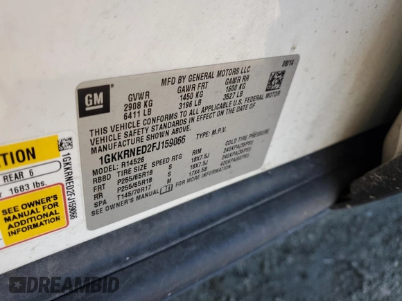 2015 GMC Acadia SLE with VIN 1GKKRNED2FJ159066, listed as a Copart auction lot 74965164 with 214,066 mi miles and Clean Title. Bid and sale history available at DreamBid. Image 14.