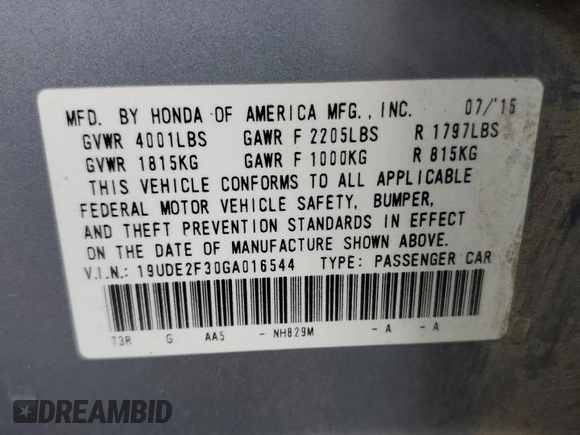 2016 Acura ILX with VIN 19UDE2F30GA016544, listed as a Copart auction lot 61521095 with 63,121 mi miles and Salvage title. Bid and sale history available at DreamBid. Image 12.