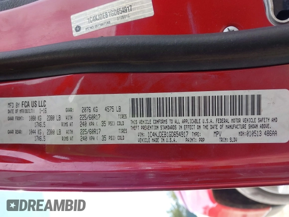 2016 Jeep Compass Latitude with VIN 1C4NJDEB1GD654917, listed as a IAAI auction lot 41680450 with 100,064 mi miles and . Bid and sale history available at DreamBid. Image 9.
