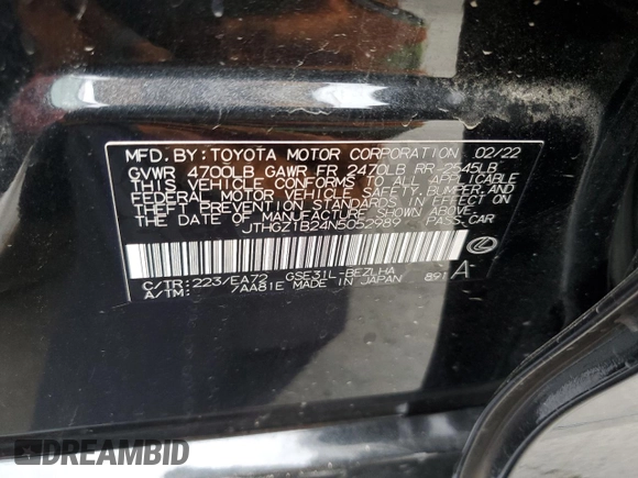 2022 Lexus IS 350 F Sport with VIN JTHGZ1B24N5052989, listed as a Copart auction lot 62594345 with 41,489 mi miles and Salvage title. Bid and sale history available at DreamBid. Image 12.
