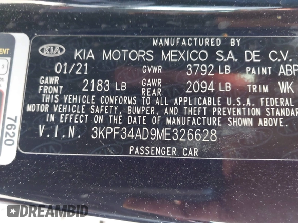 2021 Kia Forte GT-Line z VIN 3KPF34AD9ME326628, wystawiony jako IAAI lot #42675449 z przebiegiem 51 224 mil mil oraz . Historia ofert i sprzedaży dostępna na DreamBid. Obrazek 9.
