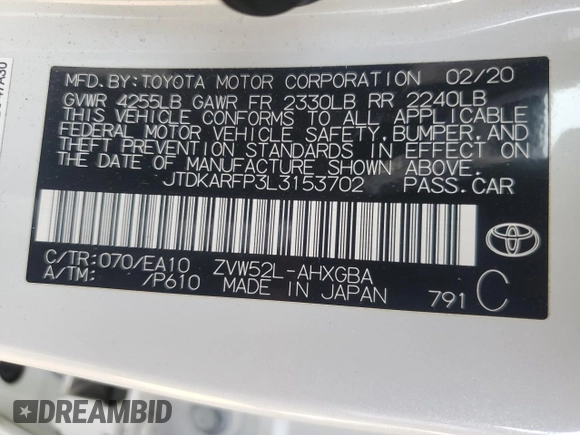 2020 Toyota Prius LE with VIN JTDKARFP3L3153702, listed as a Copart auction lot 44709075 with 124,125 mi miles and Salvage Title. Bid and sale history available at DreamBid. Image 12.