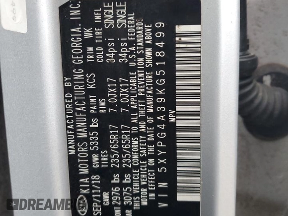 2019 Kia Sorento L with VIN 5XYPG4A39KG518499, listed as a Copart auction lot 85706454 with 85,579 mi miles and Salvage Title. Bid and sale history available at DreamBid. Image 15.