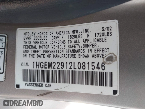 2002 Honda Civic EX with VIN 1HGEM22912L081546, listed as a IAAI auction lot 41767250 with 180,736 mi miles. Bid and sale history available at carsss.com. Image 9.