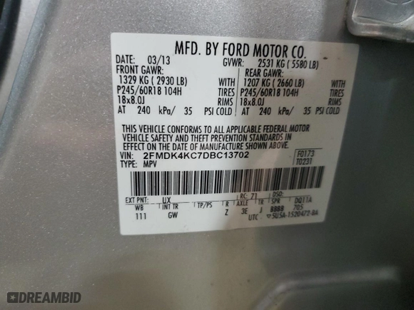 2013 Ford Edge Limited with VIN 2FMDK4KC7DBC13702, listed as a Copart auction lot 49336515 with 125,239 mi miles and Salvage Title. Bid and sale history available at carsss.com. Image 14.