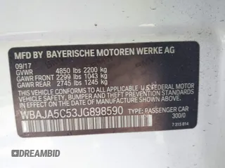 2018 BMW 5 Series 530i z VIN WBAJA5C53JG898590, wystawiony jako IAAI lot #42143629 z przebiegiem 135 111 mil mil oraz . Historia ofert i sprzedaży dostępna na DreamBid. Obrazek 9.